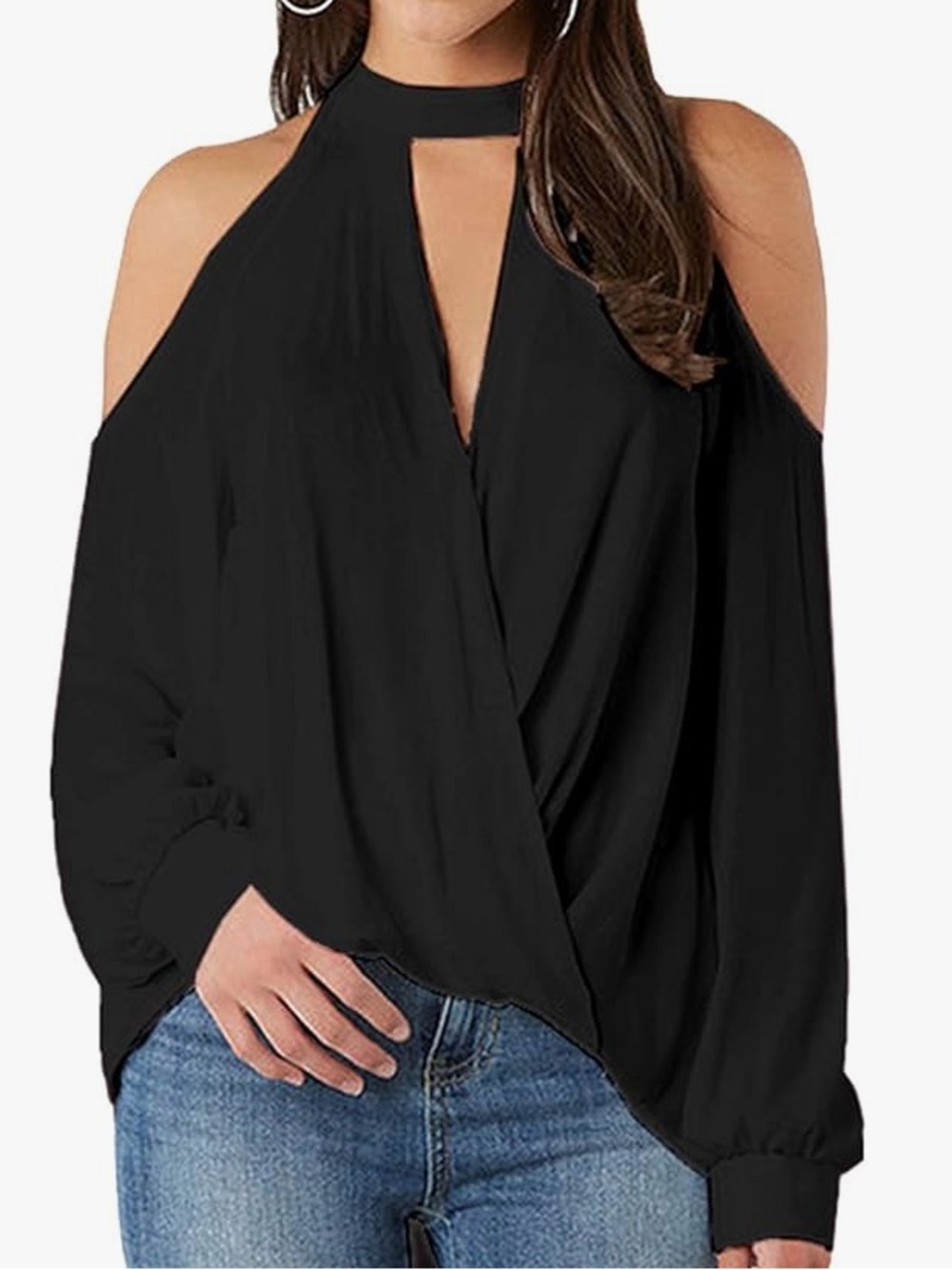 YOINS Navy Blue Cold-Shoulder Surplice Blouse